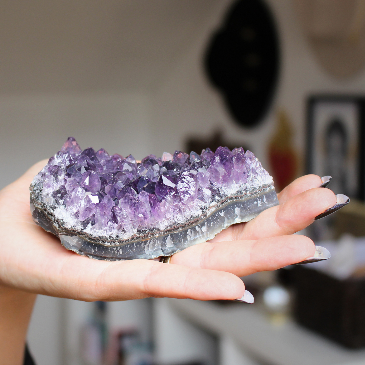 Cette magnifique druse d’améthyste naturelle de 284 grammes provient des mines familiales d’Uruguay, réputées pour offrir les cristaux les plus intenses et les plus purs du monde. Sélectionnée pour sa qualité exceptionnelle AA, cette pièce présente un violet profond. Non traitée, 100 % naturelle, elle a été extraite dans des conditions respectueuses de l’humain et de l’environnement. Elle convient aussi bien à la lithothérapie qu’à la méditation ou encore à la décoration et la diffusion de ses énergies dans