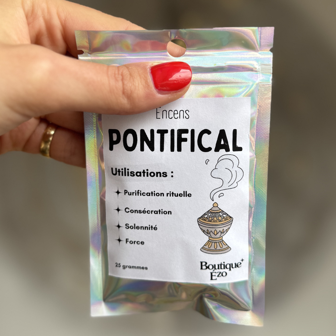 Encens pontifical en grains, sachet 25g. Résine liturgique solennelle, parfum profond et épicé. Purification rituelle et consécration. Sur charbon