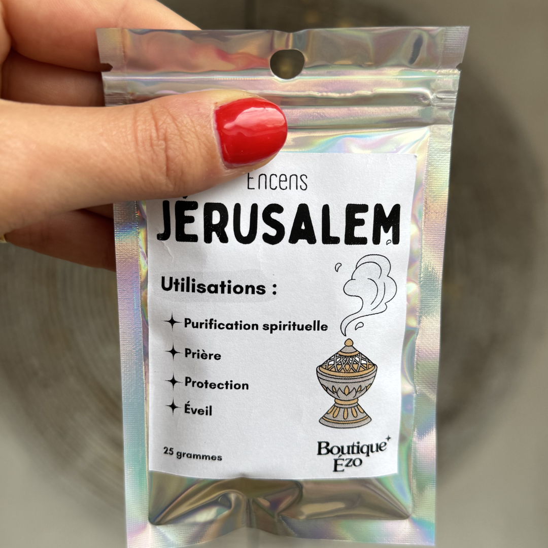 Encens de Jérusalem en grains, sachet 25g. Parfum boisé et balsamique inspiré de la Terre Sainte. Purification, prière et éveil. Sur charbon