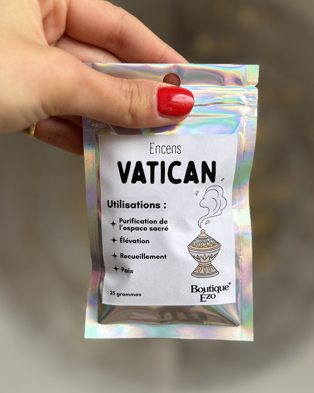 Encens du Vatican en grains, sachet 25g. Mélange de résines liturgiques pour purifier, élever et favoriser le recueillement. À brûler sur charbon auto-allumant.