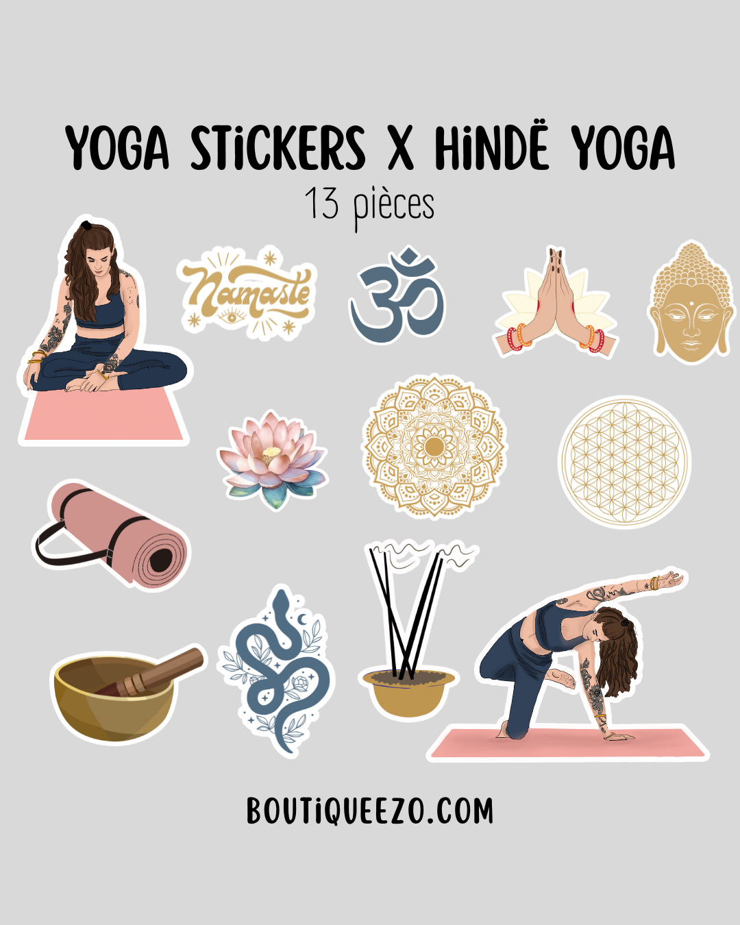 Ce lot de 13 stickers holographiques illustrés autour de l’univers du yoga est né d’une belle collaboration entre Boutique Ezo et Hinde yoga.