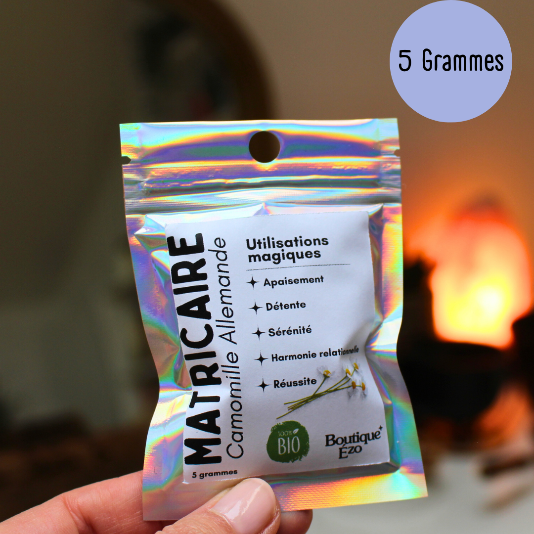 Matricaire bio séchée (camomille allemande), 5g / 10g / 15g. Idéal rituels d’apaisement, sérénité, harmonie relationnelle et lâcher-prise émotionnel.
