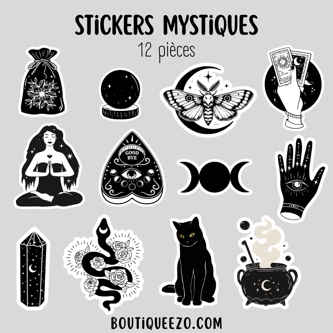 Apportez une touche de magie à votre quotidien avec ce lot  de 12 stickers mystiques holographiques artisanaux noir et blanc