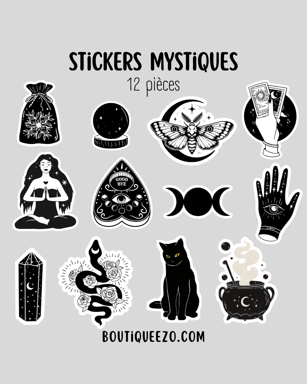 Apportez une touche de magie à votre quotidien avec ce lot  de 12 stickers mystiques holographiques artisanaux noir et blanc