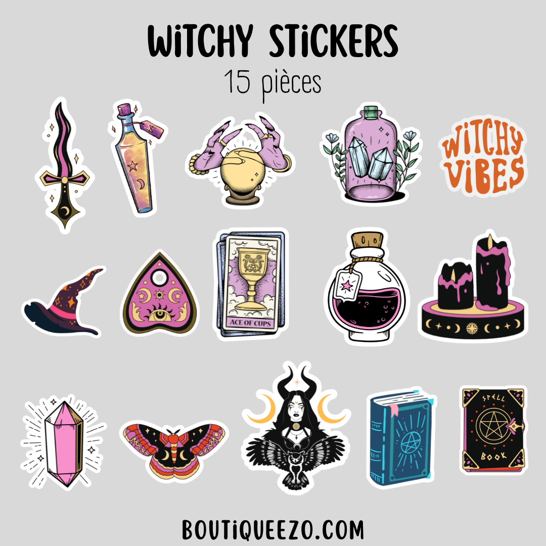 Apportez une touche de magie à votre quotidien avec ce lot  de 15 stickers witchy holographiques artisanaux