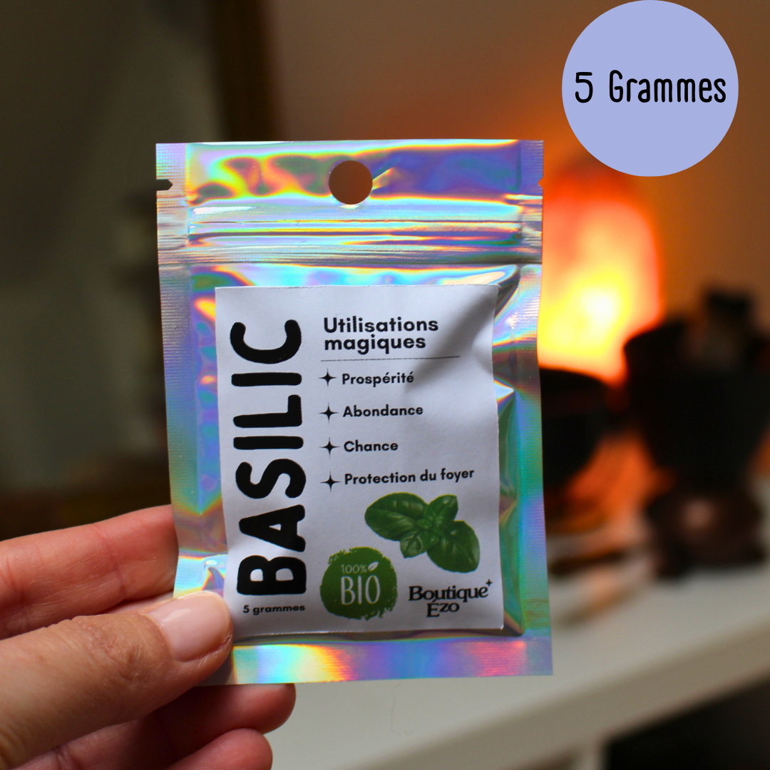 Basilic bio séché en flocons, 5g / 10g / 20g. Plante sacrée de prospérité. Idéal rituels d’abondance, chance, protection du foyer et bénédiction des lieux.